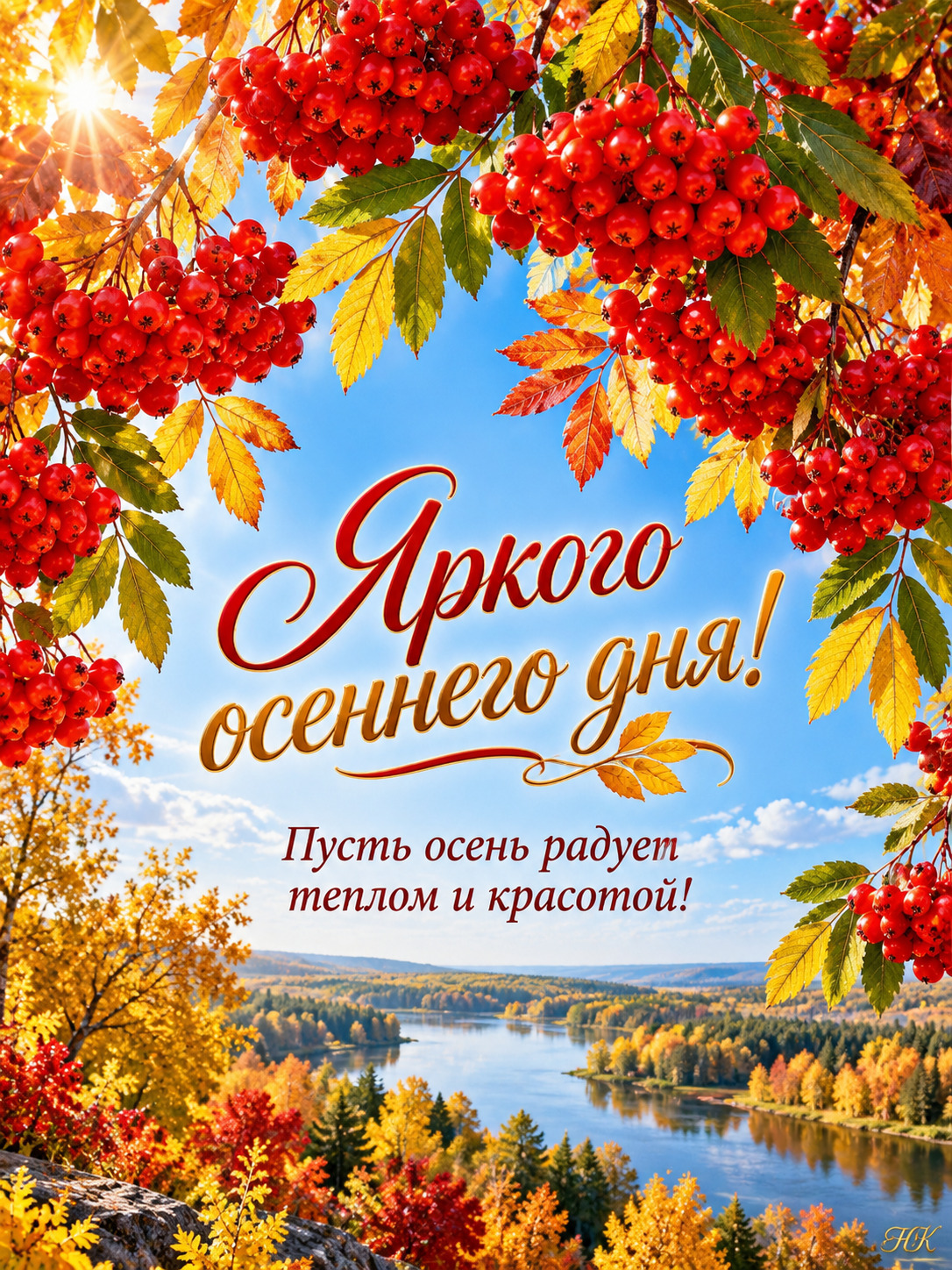 Открытка на осень. Река и осенний лес.