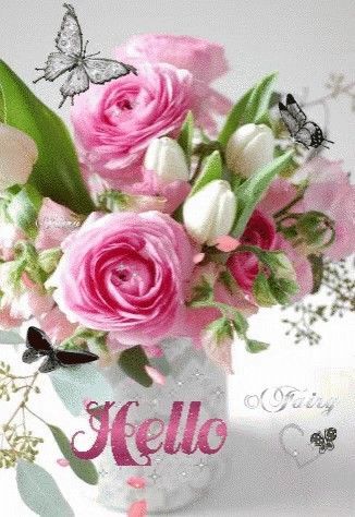 Открытка привет. Hello. Цветы и бабочки.