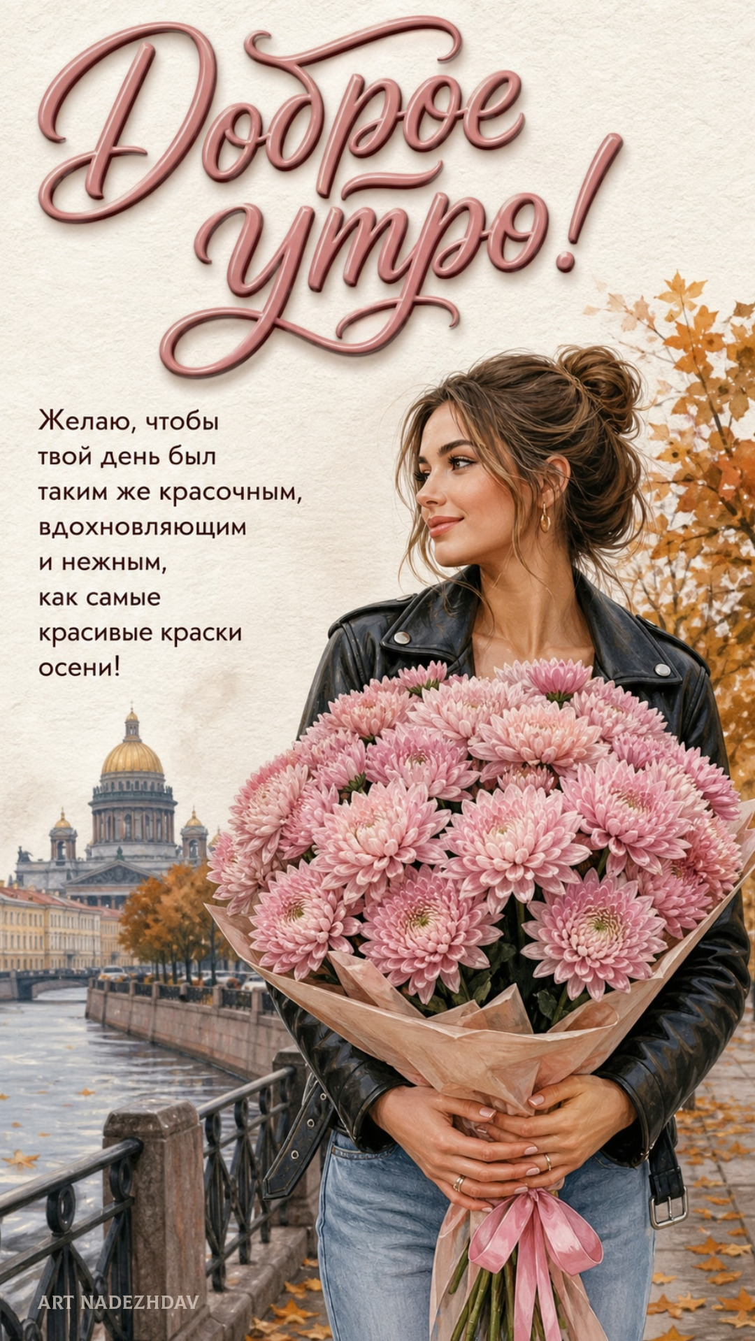 Открытка с добрым утром. Девушка и розовые цветы. Открытка с добрым утром. Девушка и розовые цветы.