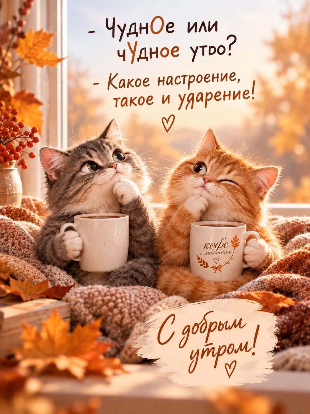 Открытка с добрым утром. Котики с кофе. Открытка с добрым утром. Котики с кофе.