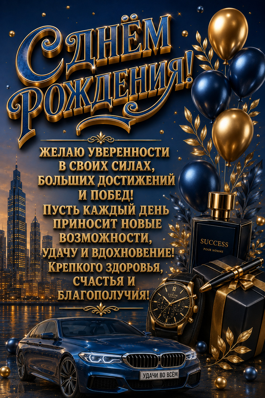 Открытка с днем рождения мужчине. с днем рождения an advertisement for a luxury car show with balloons and gifts in front of a cityscape