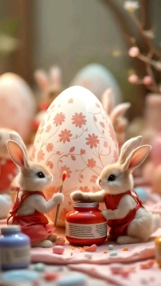 Открытка на Пасху. two little rabbits painting an egg with paintbrushes on a table next to other decorations