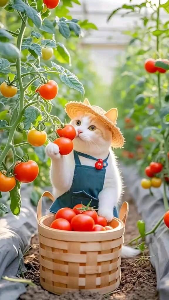 Открытка про кошек, котиков. Кот собирает помидоры.