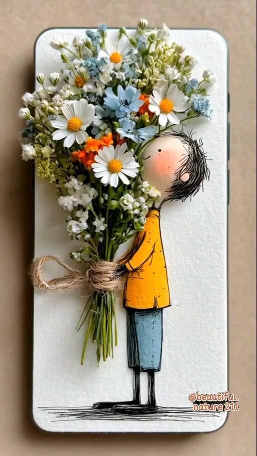 Открытка с днем рождения женщине. a card with a drawing of a man holding a bouquet of daisies and wildflowers Открытка с днем рождения женщине. a card with a drawing of a man holding a bouquet of daisies and wildflowers