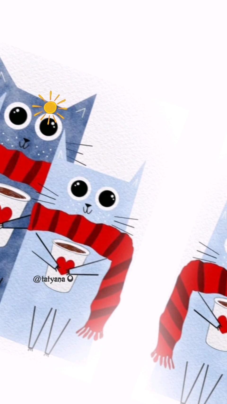Открытка про кошек, котиков. two pictures of cats wearing scarves and scarfs, one is holding a coffee cup