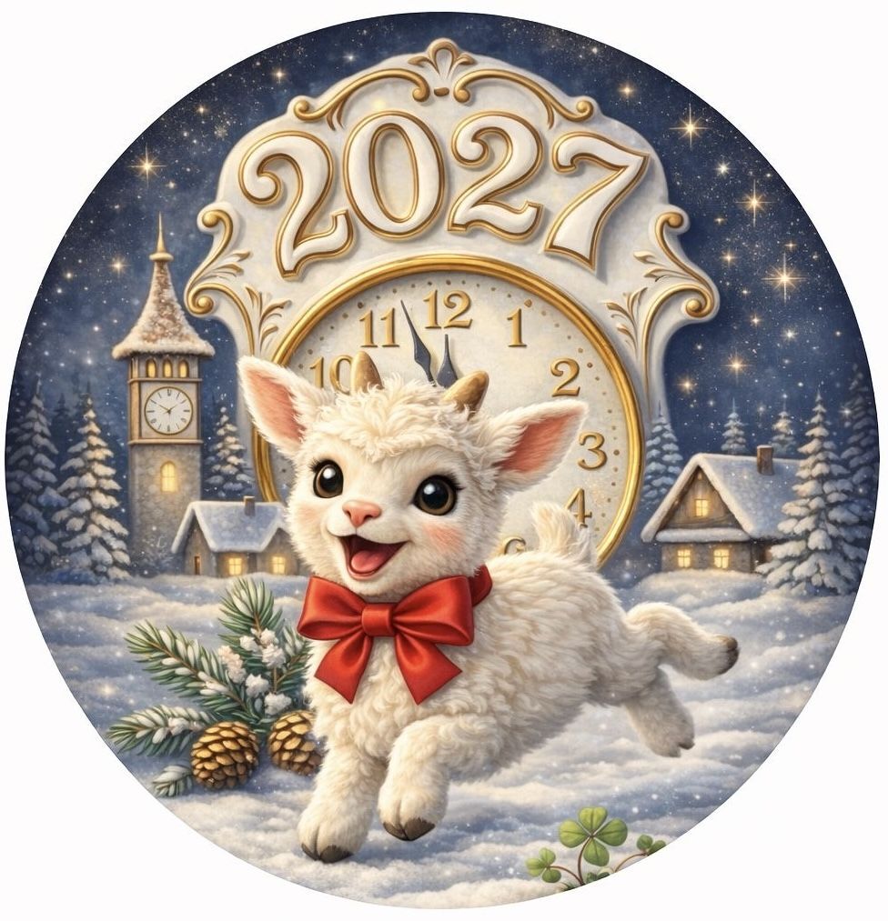 Открытка с Новым годом 2027. a white sheep with a red bow is in front of a clock and christmas decorations