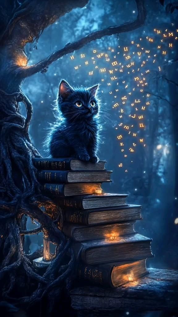 Открытка спокойной ночи. a black cat sitting on top of a pile of books in the woods with fairy lights Открытка спокойной ночи. a black cat sitting on top of a pile of books in the woods with fairy lights