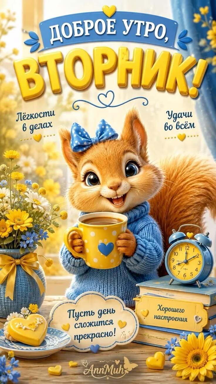 Открытка на вторник. Белочка с кофе.
