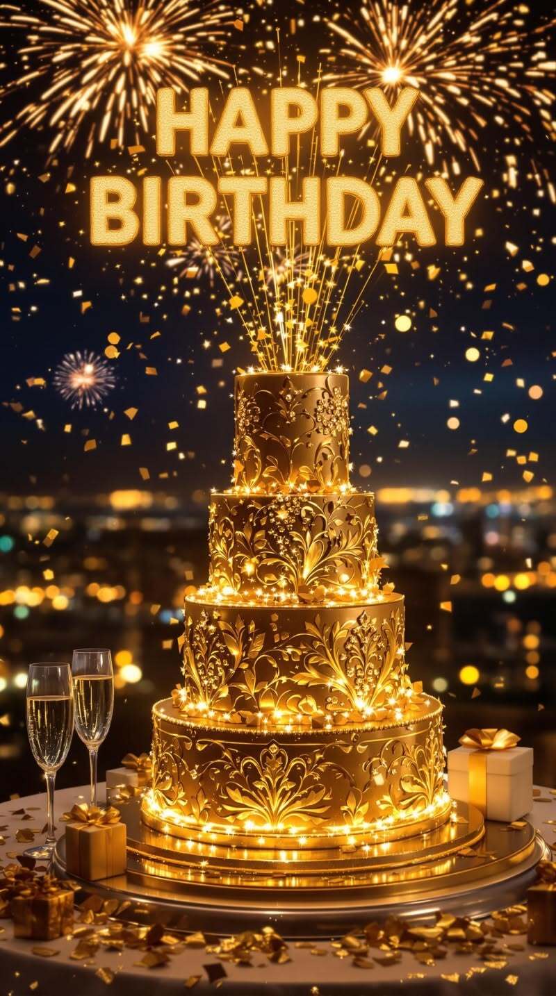 Открытка с днем рождения. happy birthday cake with fireworks and champagne glasses on table in front of cityscape