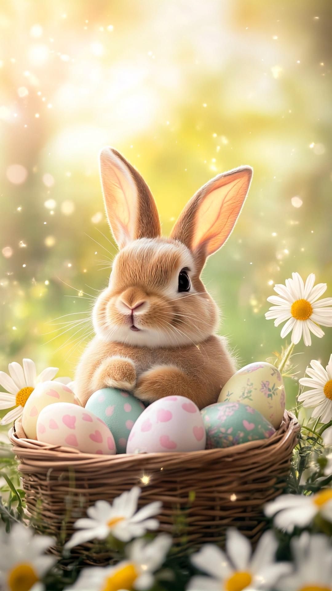 Открытка на Пасху. an easter bunny sitting in a basket with eggs and daisies around it, looking at the camera Открытка на Пасху. an easter bunny sitting in a basket with eggs and daisies around it, looking at the camera