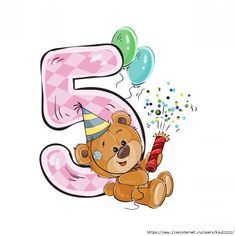 Открытка с днем рождения ребенку 5 лет. a brown teddy bear sitting in front of the number five with balloons and confetti Открытка с днем рождения ребенку 5 лет. a brown teddy bear sitting in front of the number five with balloons and confetti
