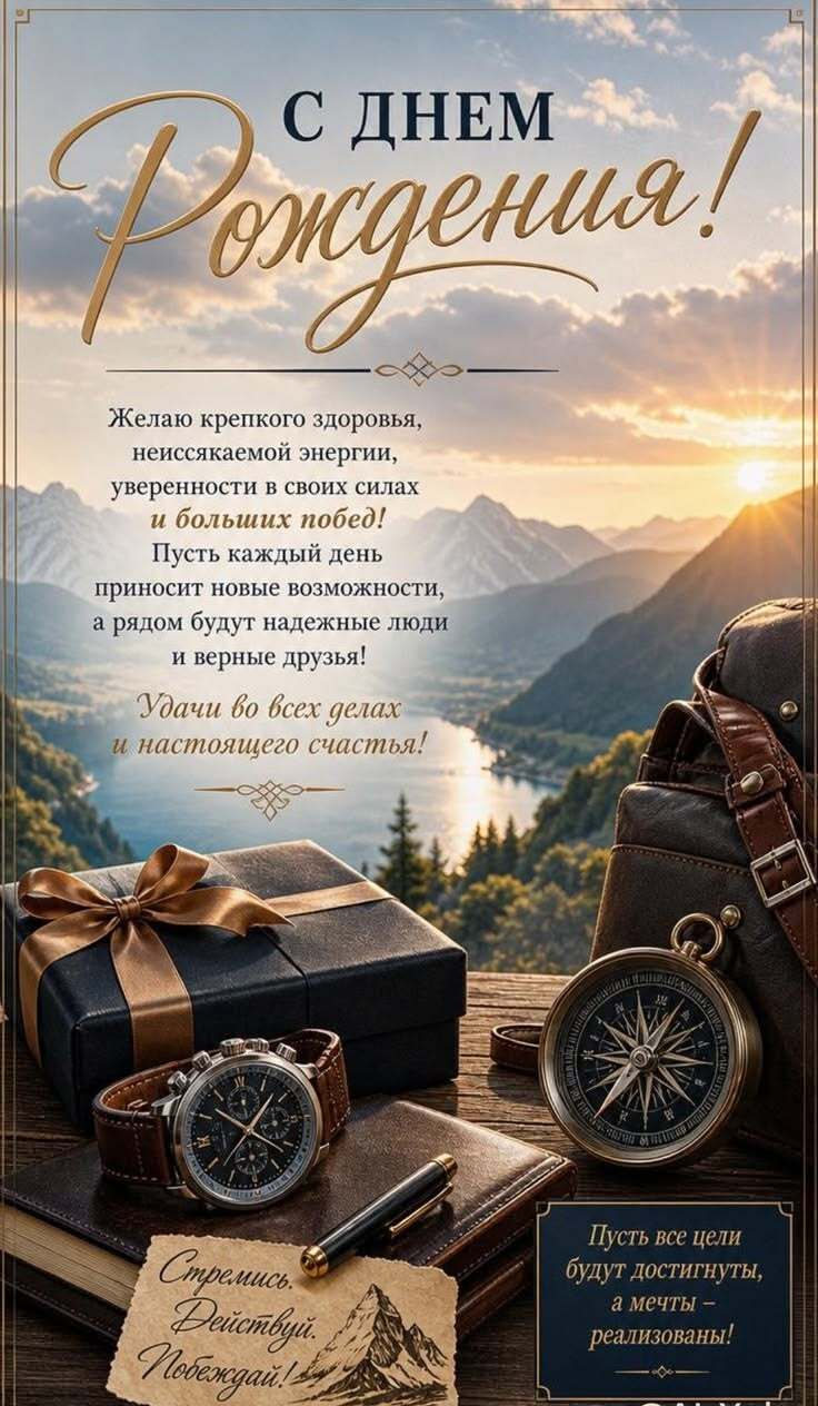 Открытка с днем рождения мужчине. an advertisement for a travel company