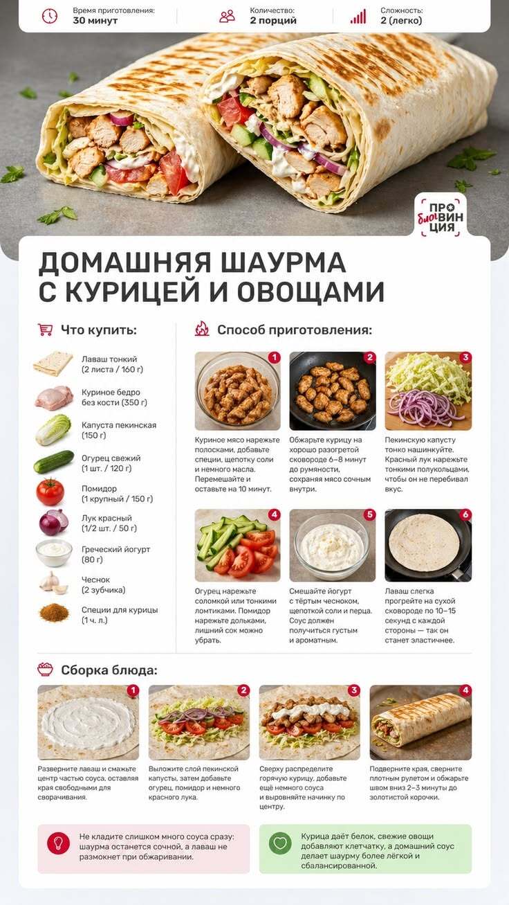 Домашняя шаурма с курицей и овощами. Рецепт.