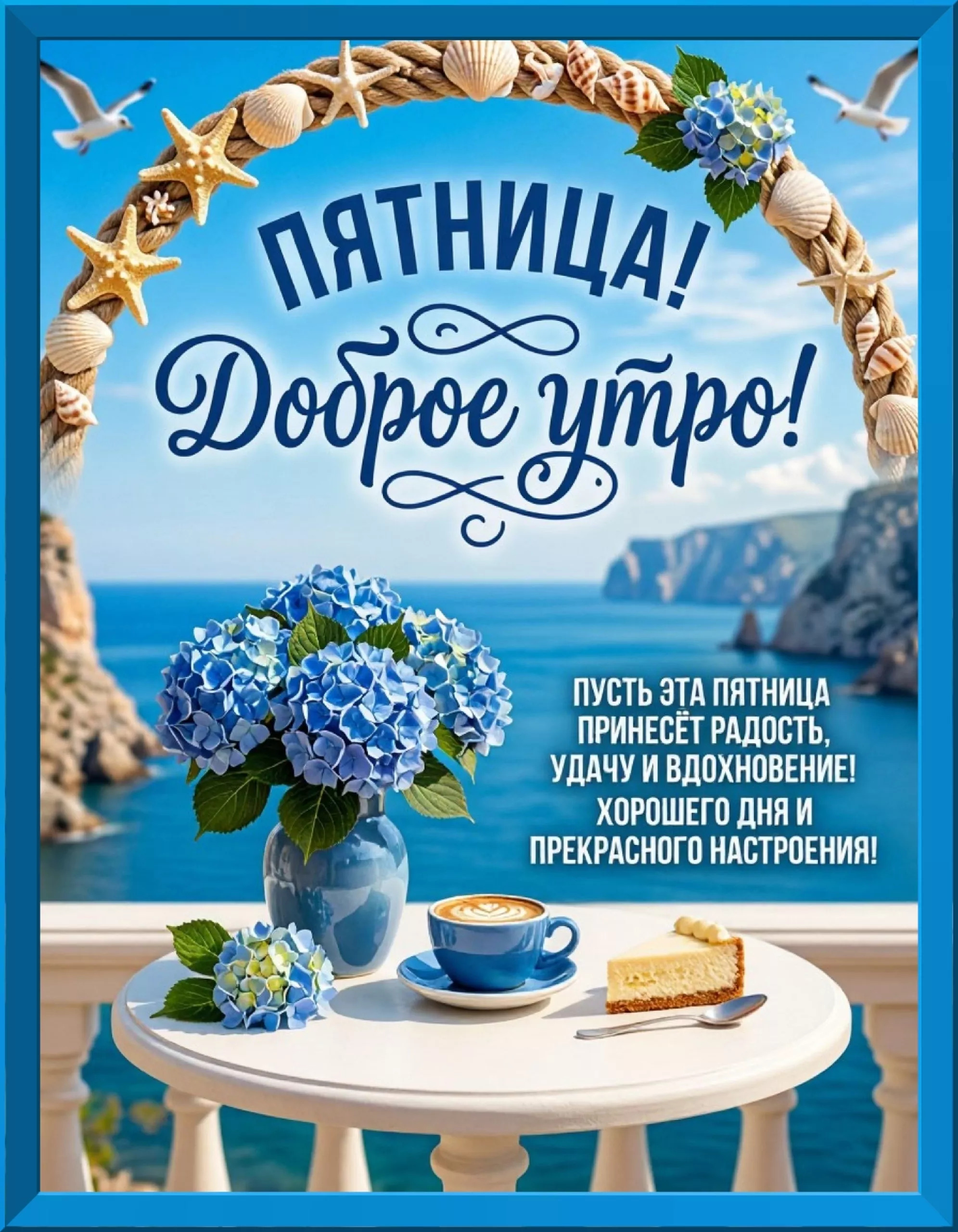 Открытка на пятницу. Цветы и кофе на столике на террасе у моря.