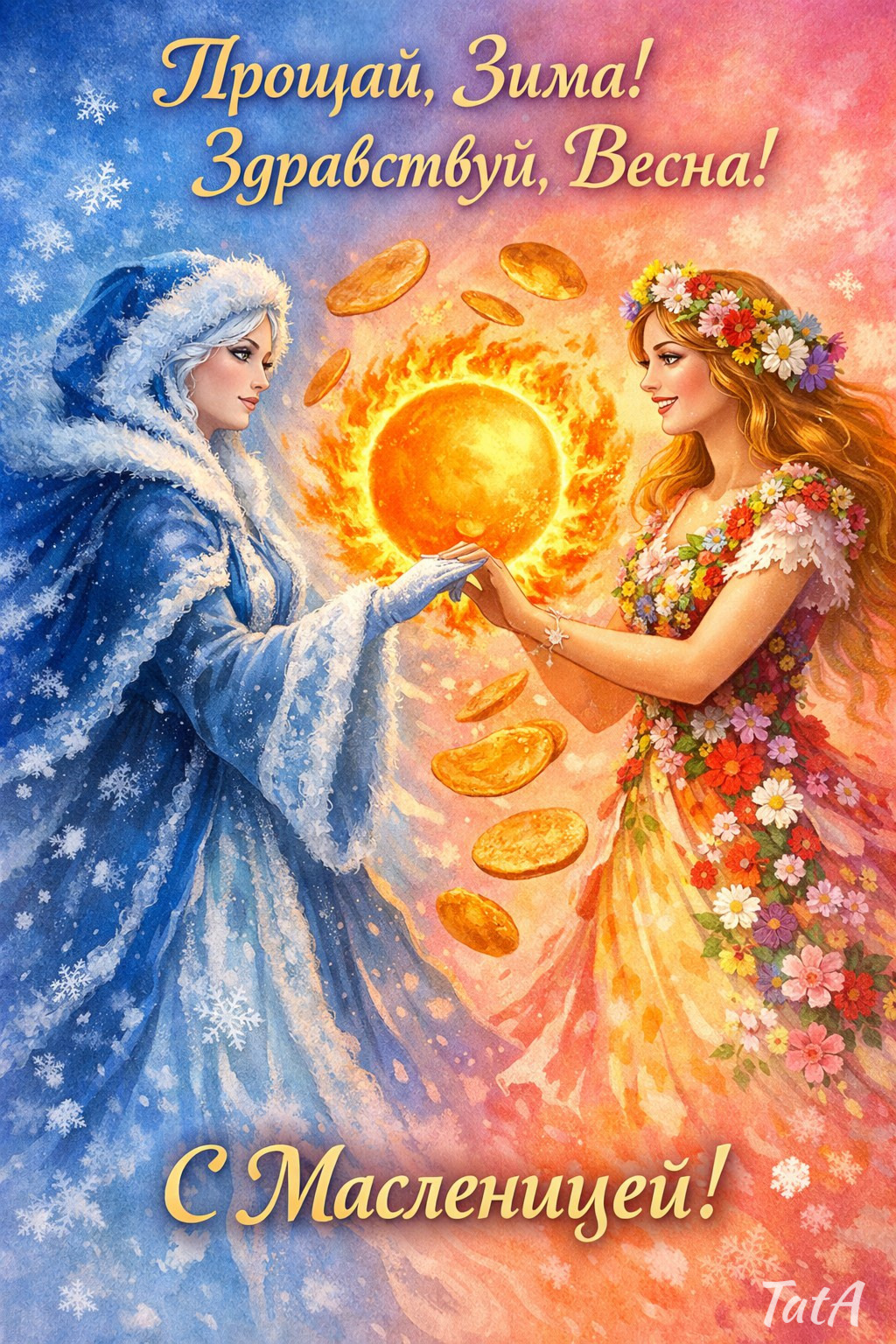 Открытка с Масленицей. Зима и Весна передают эстафету.