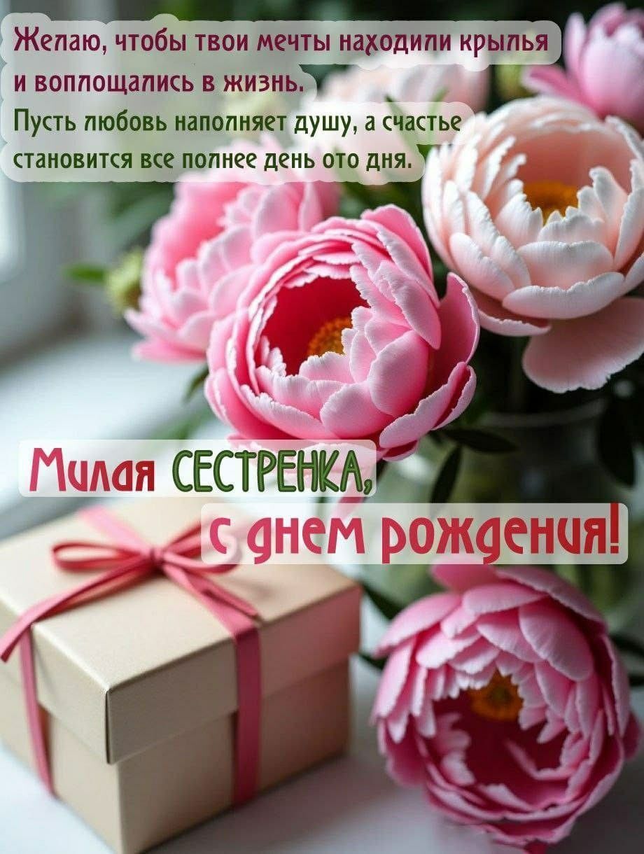 Открытка с днем рождения сестра. pink flowers in a vase next to a gift box