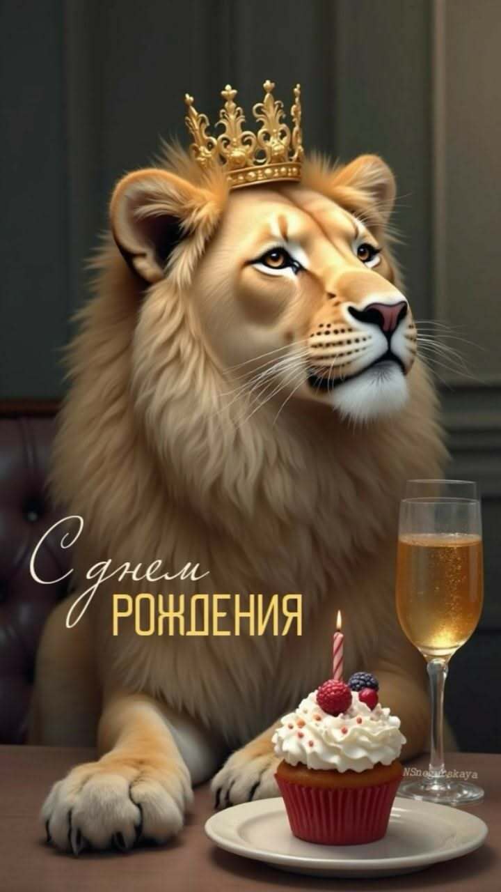Открытка с днем рождения мужчине. a cupcake with a candle on it next to a lion's head and a glass of wine