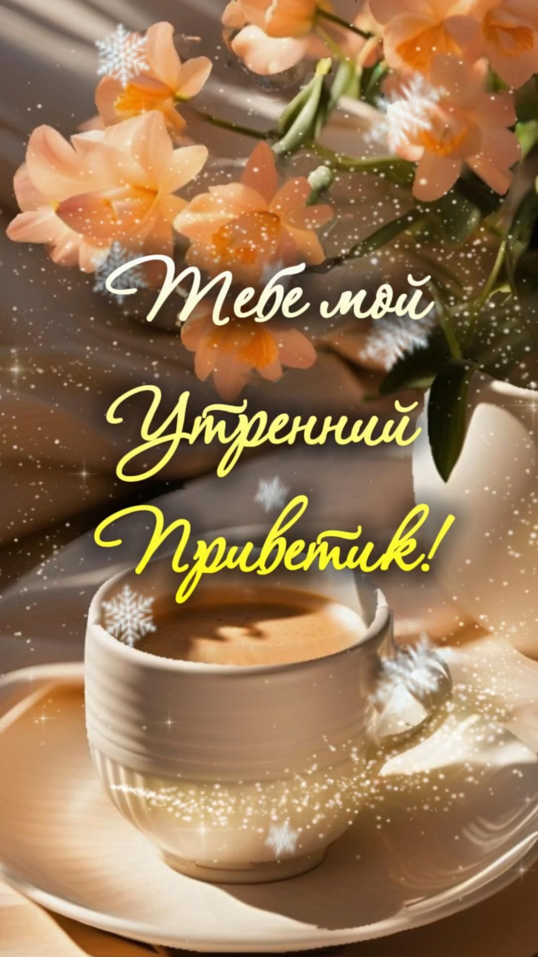 Открытка с добрым утром. Утренний приветик!👋 a cup of coffee and some flowers on a table with the words welcome in russian Открытка с добрым утром. Утренний приветик!👋 a cup of coffee and some flowers on a table with the words welcome in russian