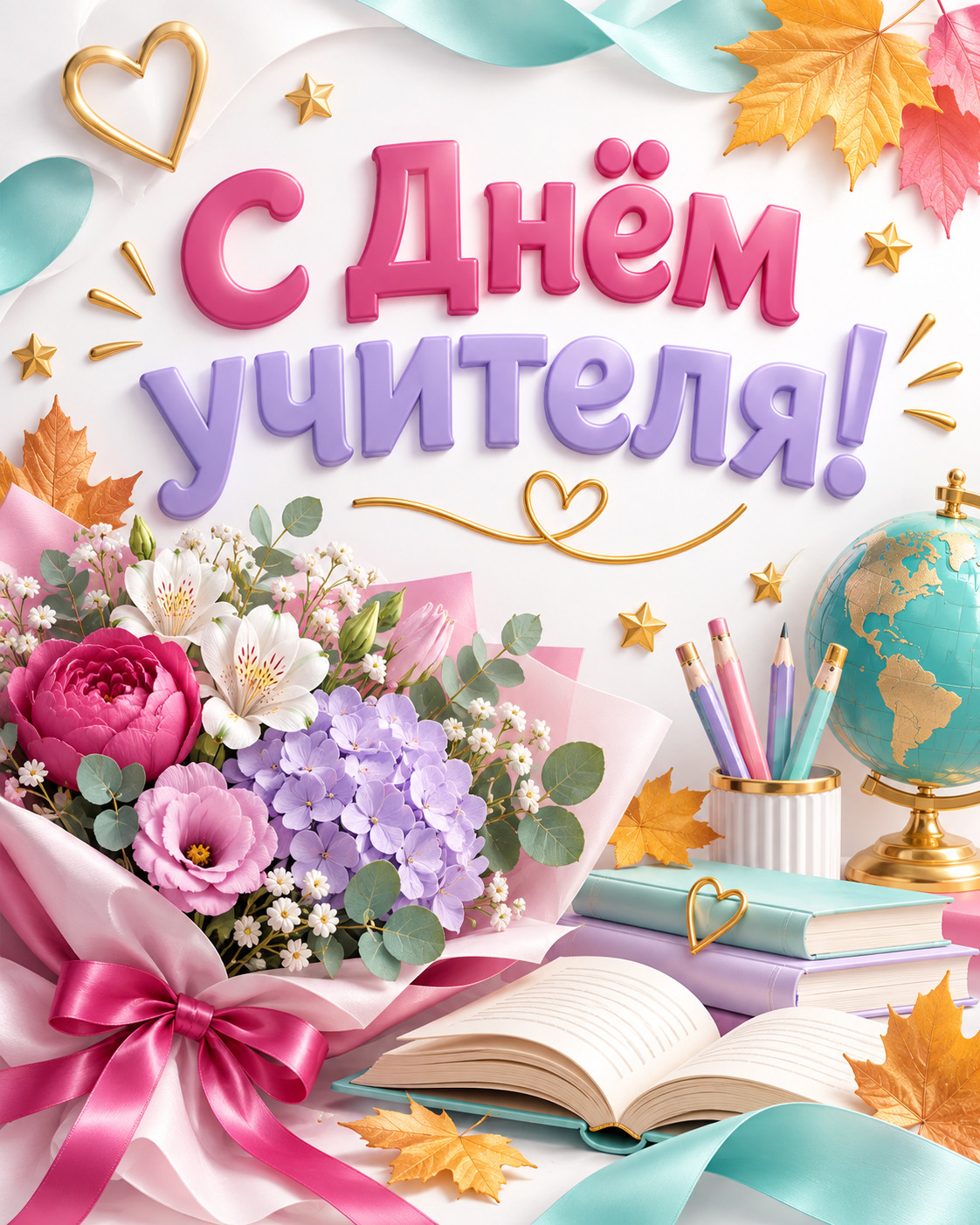 Открытка с днем учителя. Цветы, книги, карандаши.