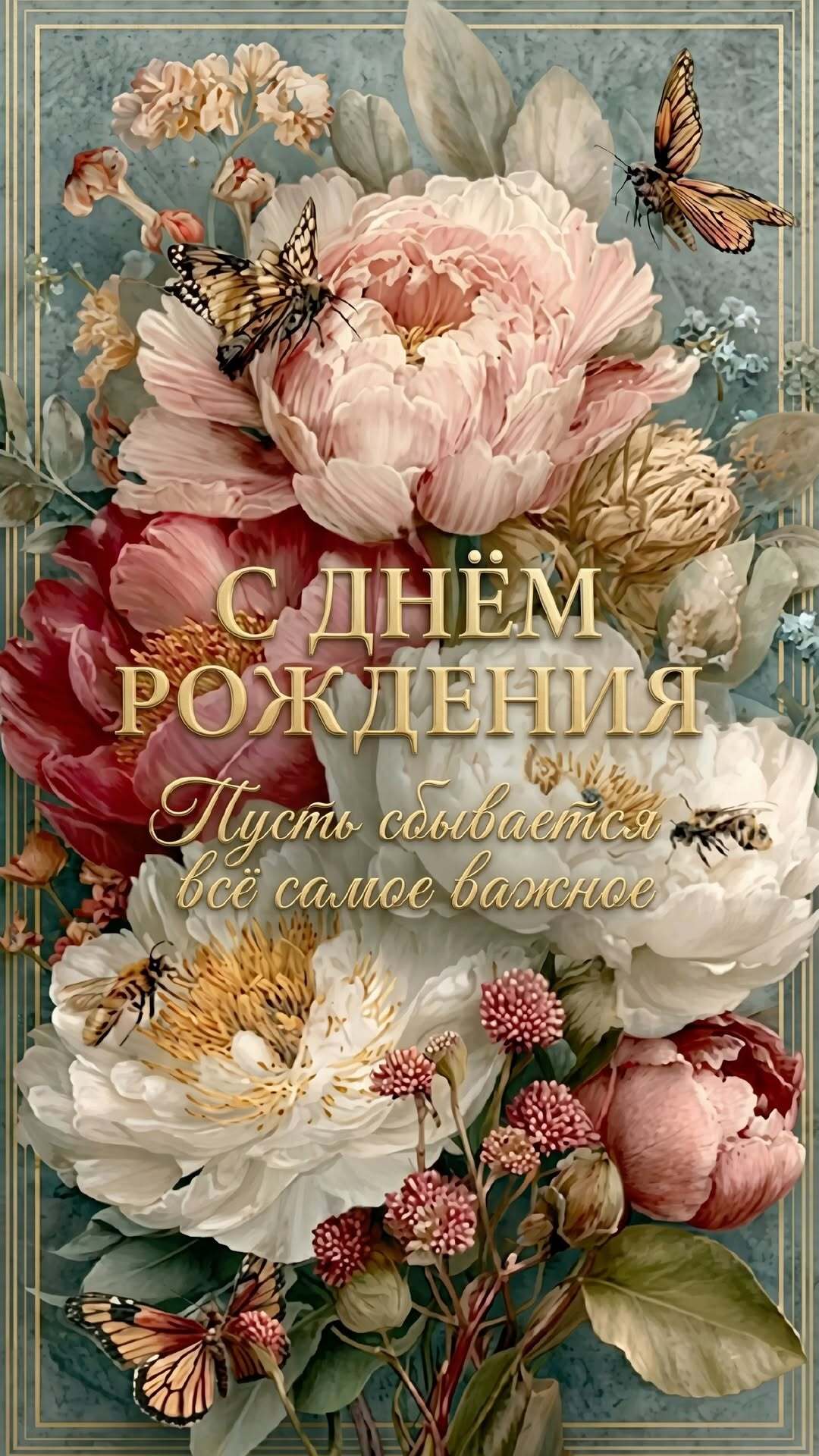 Открытка с днем рождения. a book cover with flowers and butterflies on the front, in gold lettering that reads c them pokretiniki