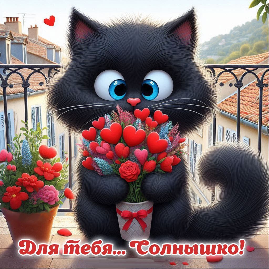 Открытка с днем рождения любимая. Для тебя a black cat sitting next to a potted plant with flowers in it's paws