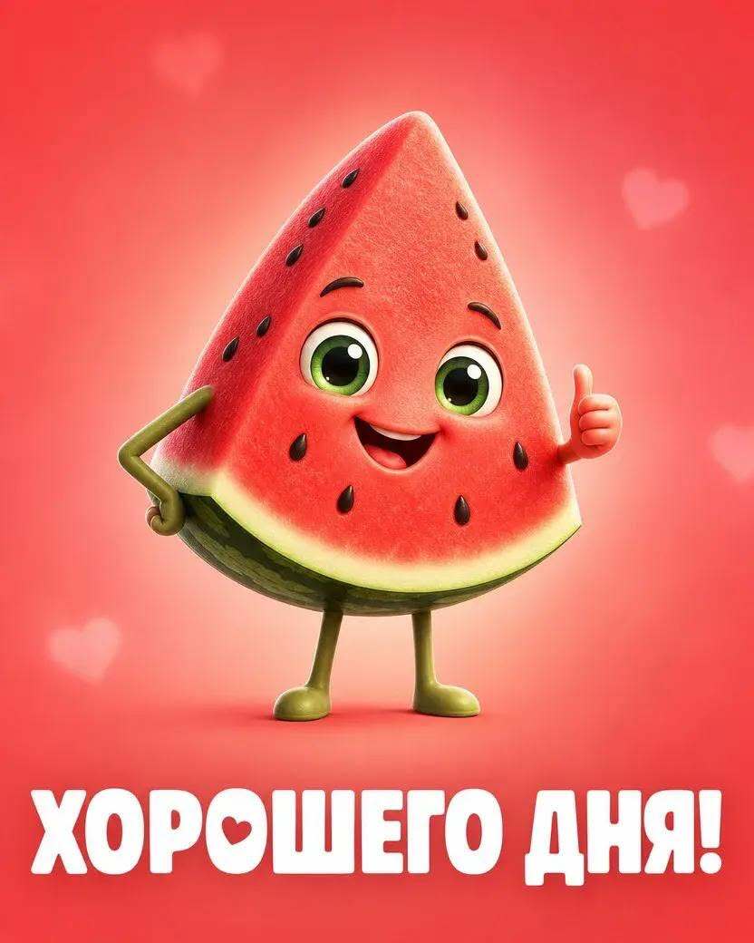 Открытка на лето. Кусочек арбуза желает хорошего дня.