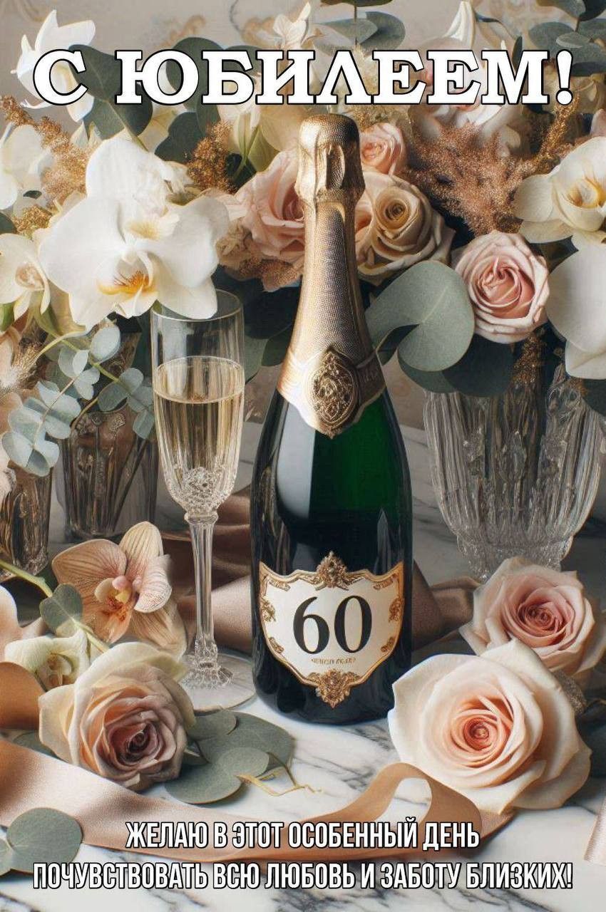 Открытка с днем рождения 60 лет юбилей. a bottle of champagne and two glasses on a table
