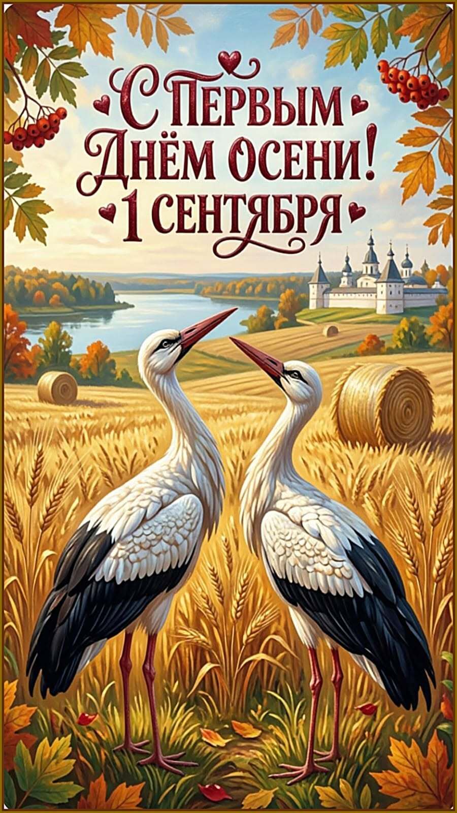Открытка С Первым Днем Осени. Два журавля на золотом поле.
