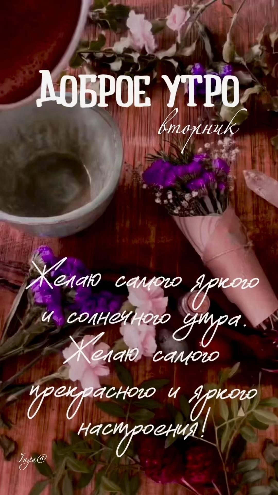 Открытка на вторник. Доброе утро сторис/дни недели сторис/ a table topped with flowers next to a cup of coffee