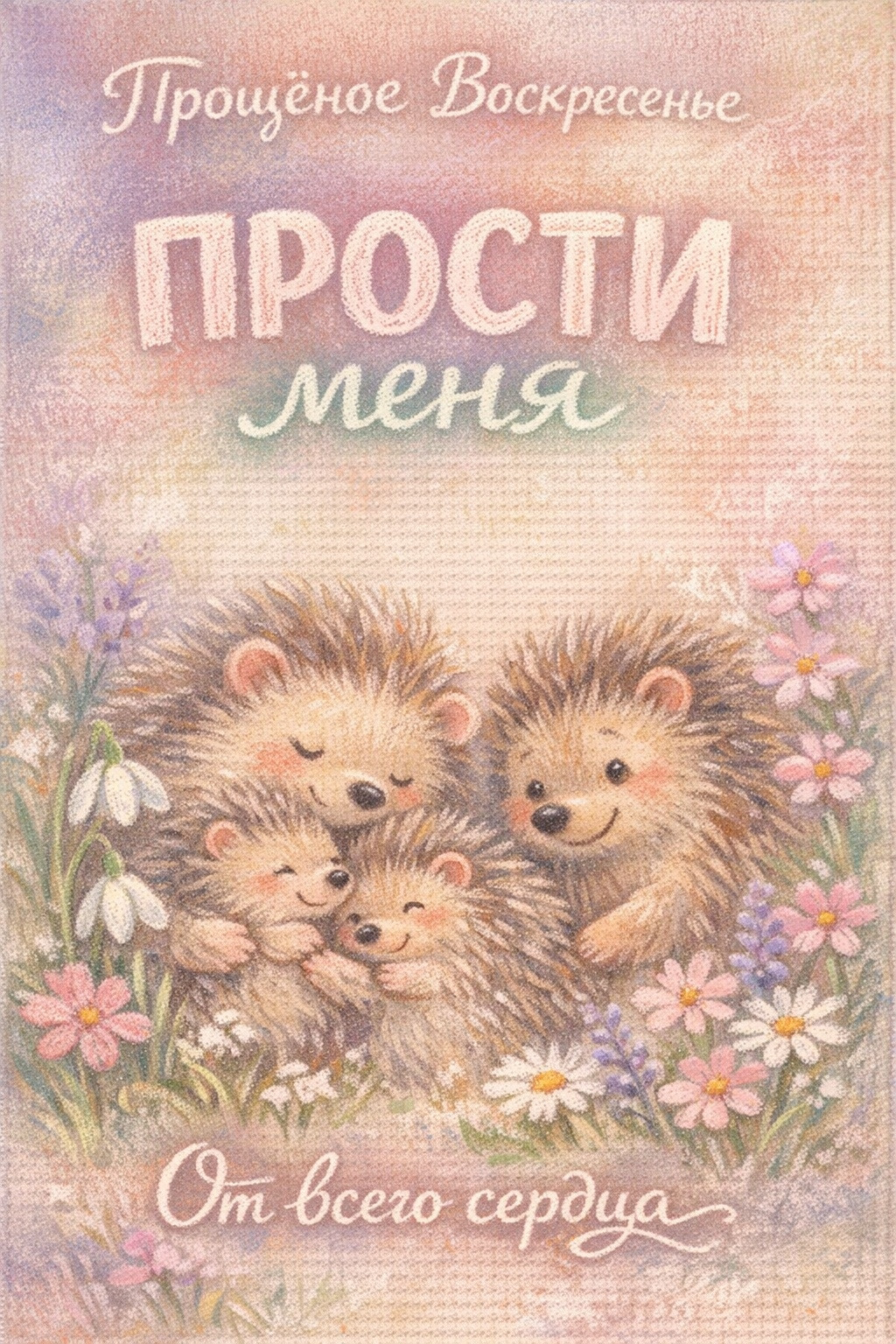 Открытка на Прощеное Воскресенье. Семья ежиков.