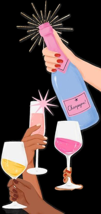 Открытка с днем рождения. two hands holding wine glasses and a bottle with champagne in it while another hand holds a glass