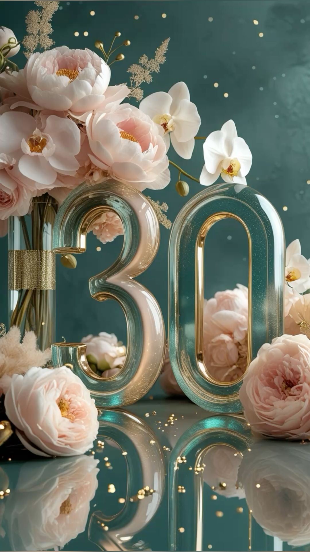 Открытка с днем рождения 30 лет юбилей. 30 лет, с юбилеем, с 30-летием, с днем рождения Цифра 30 the number 30 is surrounded by pink flowers and gold florets in front of a teal background