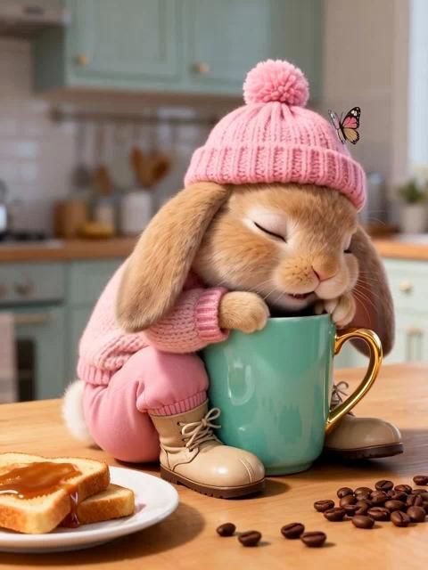 Открытка с добрым утром. Сонное утро a small bunny is sitting in a coffee cup with its eyes closed and it's head resting on the mug