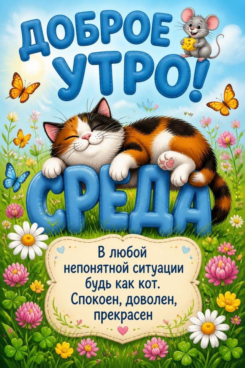 Открытка на среду. Довольные кот и мышка.