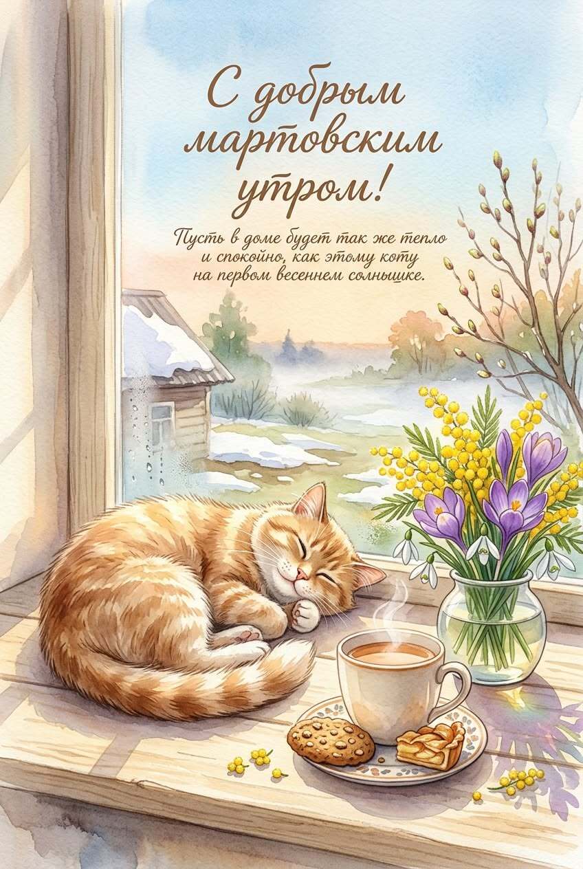 Открытка на Весну. С добрым мартовским утром! Кот, кофе, цветы.