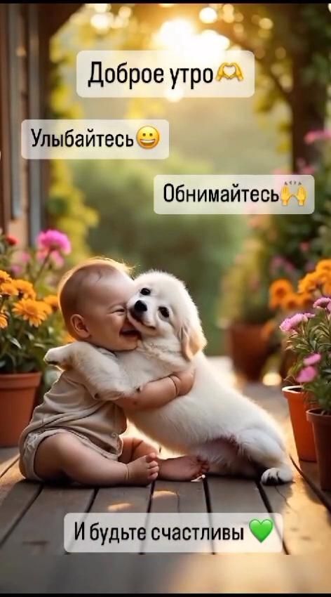 Открытка с добрым утром. Ребенок с собачкой. Открытка с добрым утром. Ребенок с собачкой.