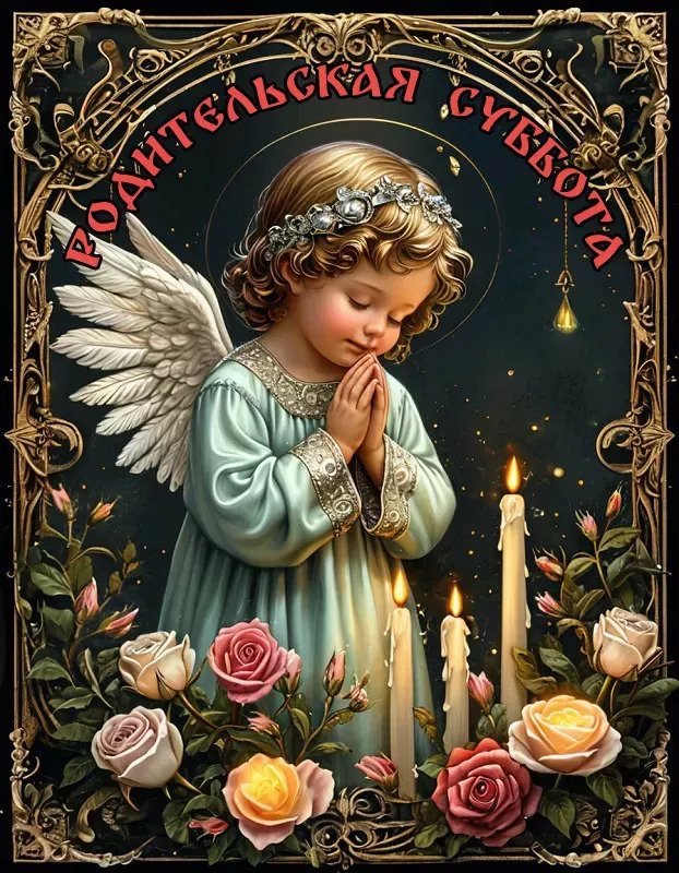 Родительская суббота. an angel with roses and candles in front of it, reads happy birthday russian language