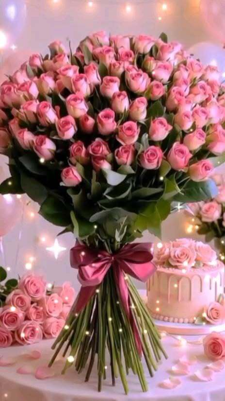 Открытка с днем рождения женщине. a large bouquet of pink roses sitting on top of a table next to a cake