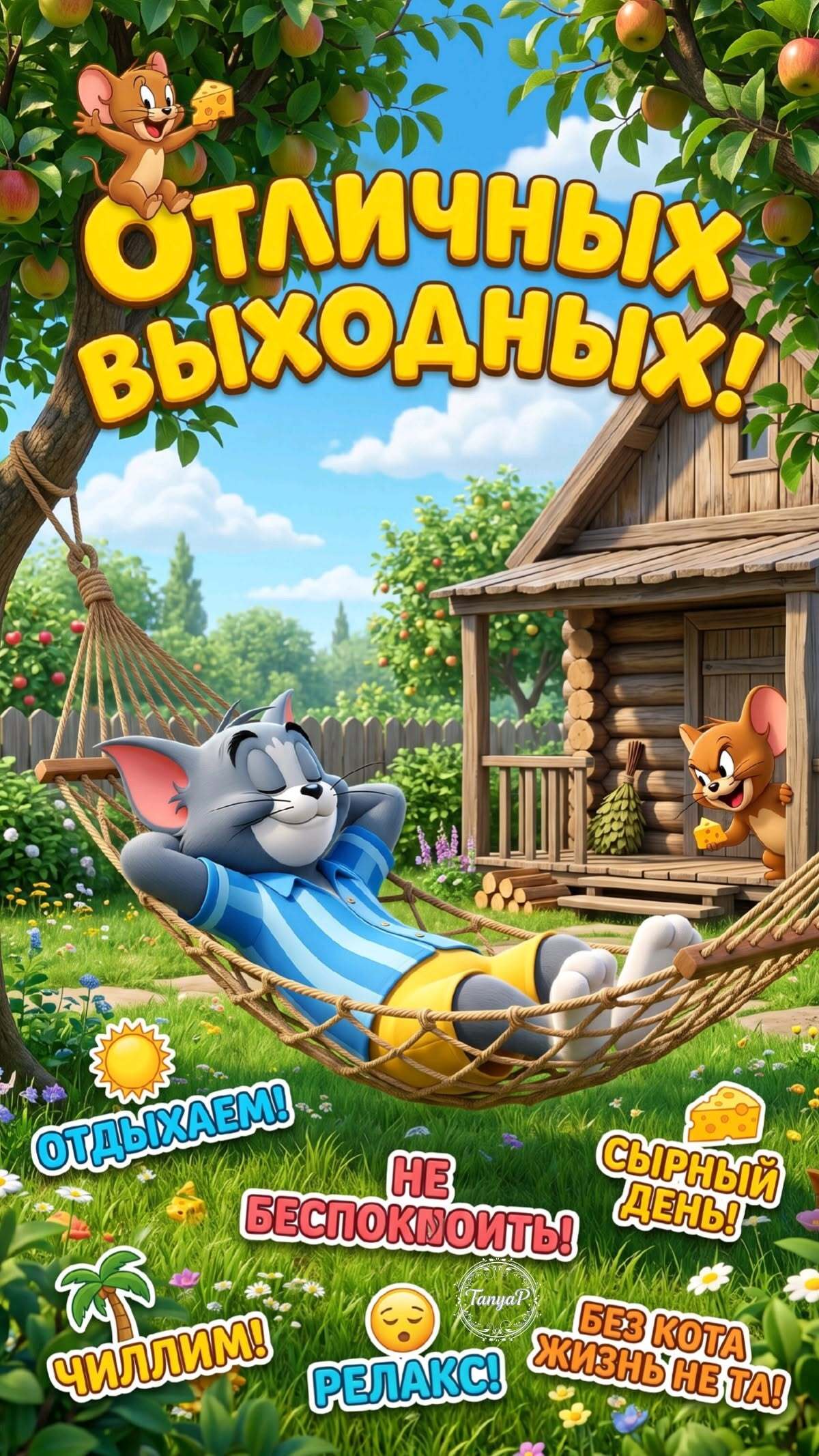 Открытка отличных выходных. Том и Джерри на даче.