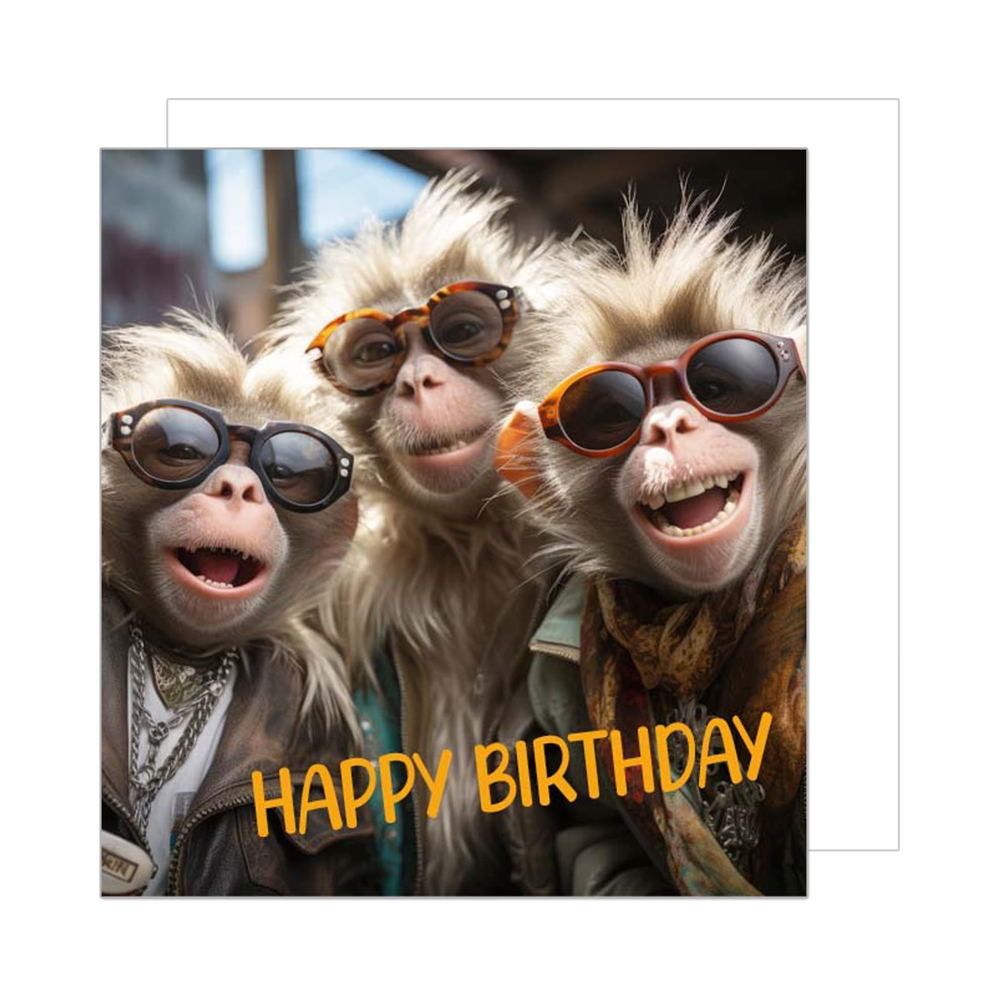 Открытка с днем рождения. three monkeys wearing sunglasses and smiling for the camera, with happy birthday written on it Открытка с днем рождения. three monkeys wearing sunglasses and smiling for the camera, with happy birthday written on it