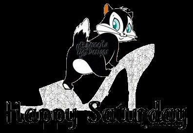 Открытка на субботу. Have a great day. a black and white cartoon cat with the words happy saturday on it's back