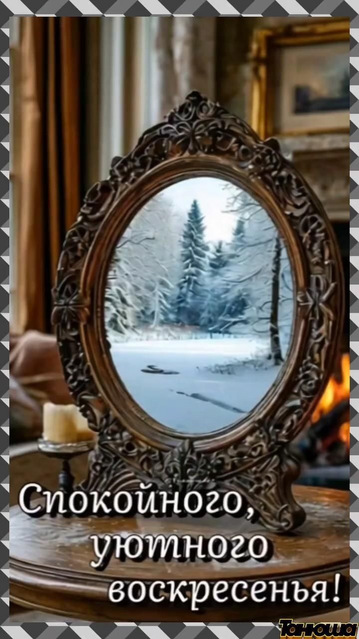 Открытка на воскресенье. #танюша_м Воскресный зимний день a mirror sitting on top of a table in front of a fire place with the words,