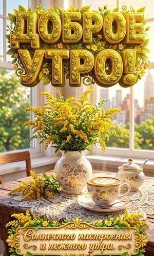 Доброе утро! Солнечный натюрморт с желтыми цветами и кофе. Пожелание нежного утра и отличного настроения для ваших близких и друзей. Открытка Доброе утро Красочное и солнечное приветствие «Доброе утро!». На изображении представлен уютный натюрморт у окна: пышный букет ярко-желтых цветов в белой вазе, чашка ароматного кофе на кружевной салфетке и солнечный свет, заливающий комнату. Золотистый 3D-текст и надпись «Солнечного настроения и нежного утра» создают атмосферу тепла, радости и бодрости