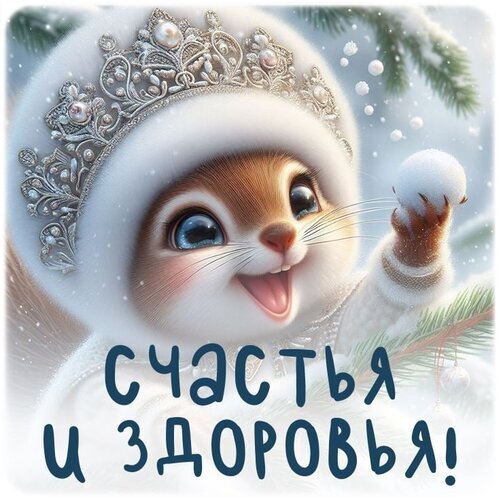 Милая праздничная открытка с пушистым зверьком в короне и надписью Счастья и здоровья!. Идеальное зимнее пожелание для близких и друзей. Открытка Счастья и здоровья! Милая и праздничная открытка с изображением очаровательного мультяшного зверька (белочки или хомячка) в пушистой белой шапке с роскошной серебряной короной, украшенной жемчугом. Зверек радостно улыбается на фоне заснеженных еловых веток и падающих снежинок. На картинке крупная надпись на русском языке: 
