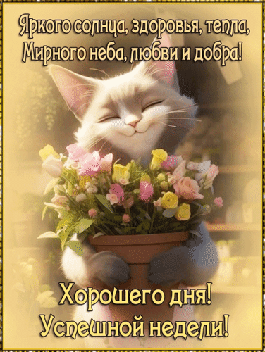 Милая открытка с улыбающимся котом и цветами. Пожелание яркого солнца, здоровья, мирного неба, хорошего дня и успешной недели. Позитивное поздравление! Анимированная открытка Успешной недели! Хорошего дня! Яркого солнца, здоровья, тепла, мирного неба, любви и добра! Милая открытка с пушистым белым котом, который счастливо улыбается и держит букет разноцветных весенних цветов. На изображении наложен поздравительный текст на русском языке: «Яркого солнца, здоровья, тепла, Мирного неба, любви и добра! Хорошего дня! Успешной недели!». Теплая, солнечная атмосфера и нежные пастельные тона создают позитивное настроение