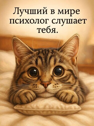Милый котенок с цитатой «Лучший в мире психолог слушает тебя». Уютная картинка про любовь к кошкам, психологическую поддержку и душевное спокойствие. Открытка Психолог для тебя Милая и уютная иллюстрация с изображением очаровательного полосатого котенка с большими выразительными глазами, который лежит на подушке. На картинке размещена мотивирующая и добрая цитата на русском языке: «Лучший в мире психолог слушает тебя». Изображение наполнено теплом, спокойствием и эмоциональным комфортом, что делает его идеальным для использования в социальных сетях, постах о ментальном здоровье, уюте, любви к домашним животным и психологической поддержке