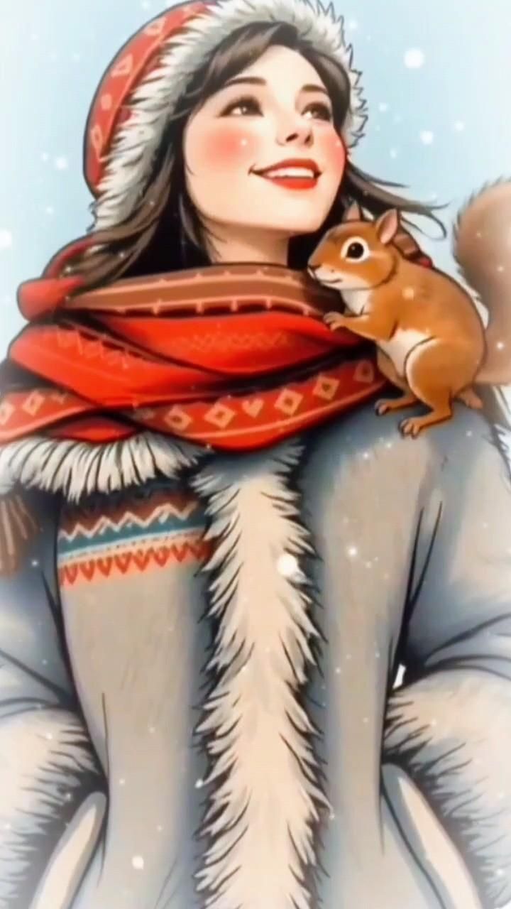 Открытка на Зиму. a woman holding a squirrel in her arms while wearing a red scarf and hat with snow falling on the ground