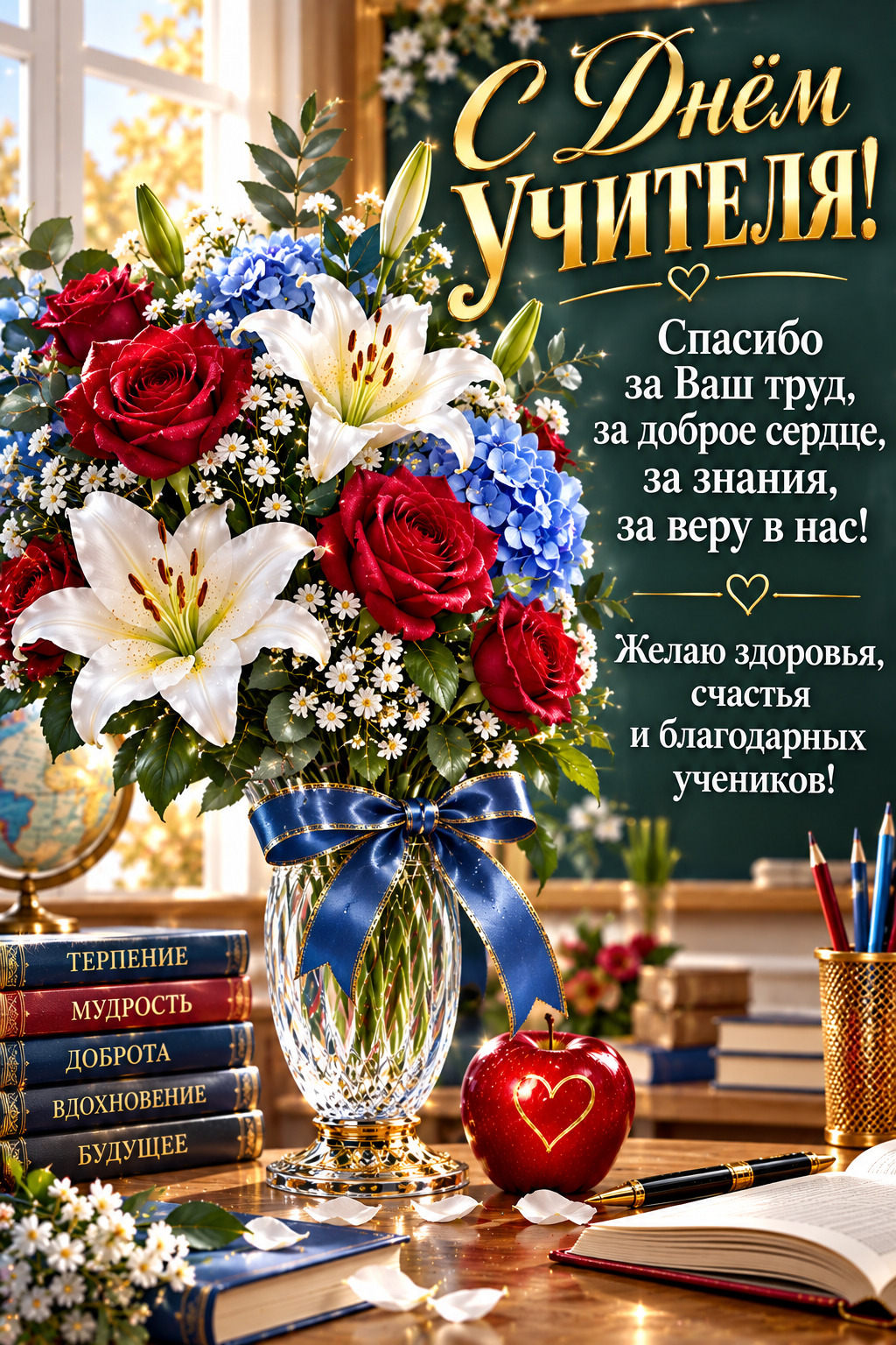 Открытка с днем учителя. Учебники, цветы, карандаши.