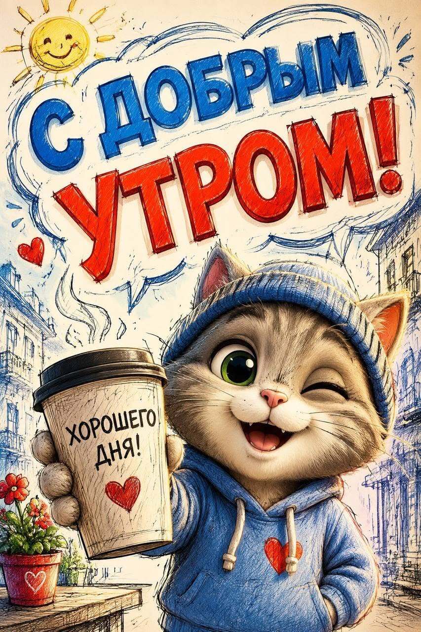 Открытка с добрым утром. Котик с кофе на улице.