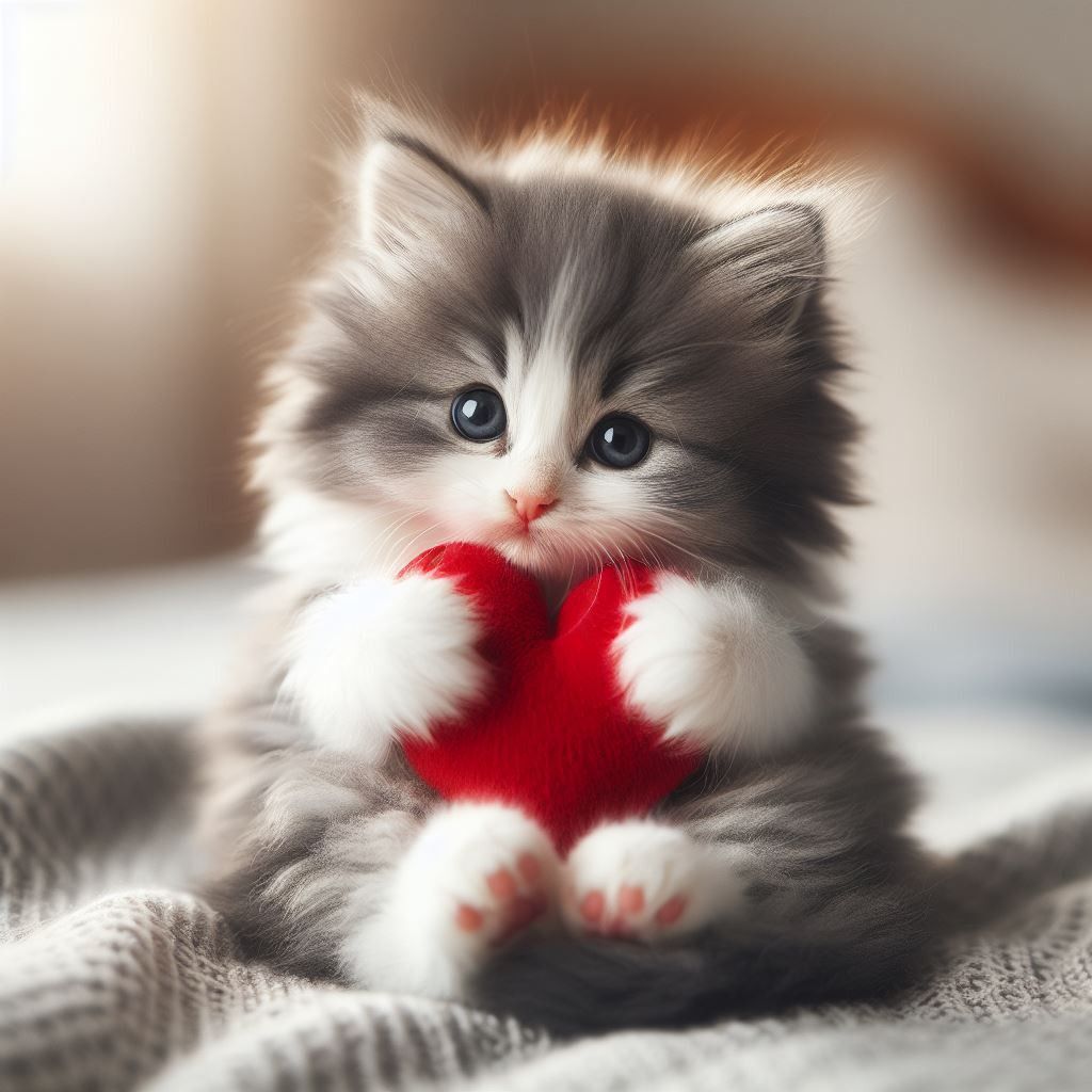 Открытка люблю тебя. a small kitten is holding a red heart